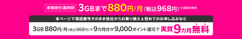 家族割引適用時3GBまで880円/月（税込968円）※通話料等別 本ページで電話番号そのまま他社からお乗り換え＆初めてのお申し込みなら 実質9ヵ月分無料