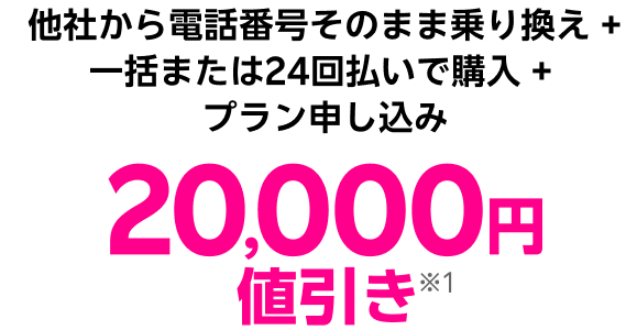 他社から電話番号そのまま乗り換え + 一括または24回払いで購入 + プラン申し込み 20,000円値引き※1