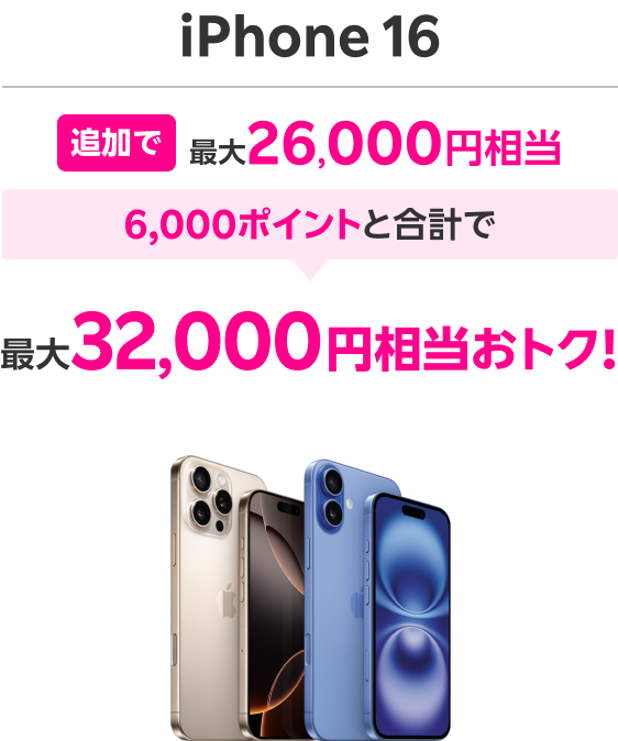 iPhone16 追加で最大26,000円相当 6,000ポイントと合計で 最大32,000円相当おトク！