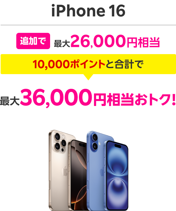 iPhone16 追加で最大26,000ポイント 10,000ポイントと合計で 最大36,000ポイント！