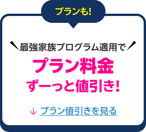 プランも！ 最強家族プログラム適用でプラン料金ずーっと値引き！ プラン値引きを見る