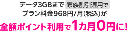 データ3GBまで家族割引適用でプラン料金968円/月（税込）が全額ポイント利用で1カ月0円に！