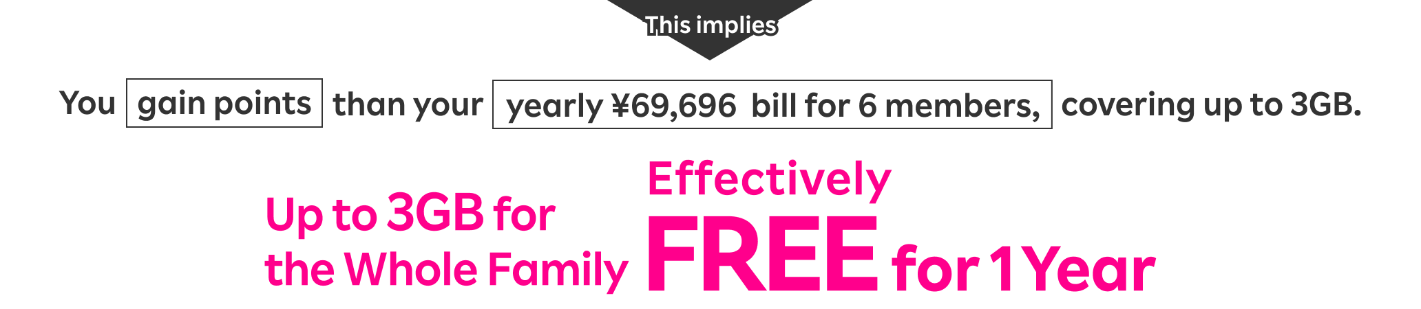 You gain points than your yearly ¥69,696  bill for 6 members, covering up to 3GB. It’s effectively free for the whole family up to 3GB for one year.