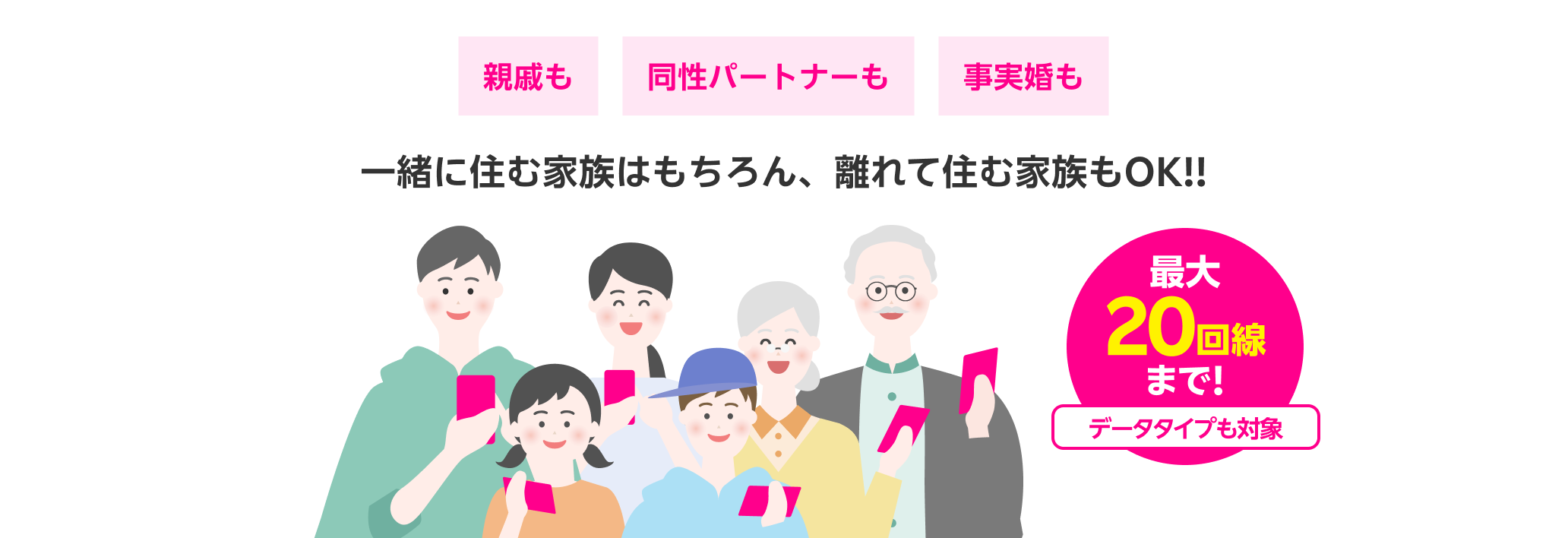 一緒に住む家族はもちろん、離れて住む家族も対象！最大20回線までOK!! データタイプも対象