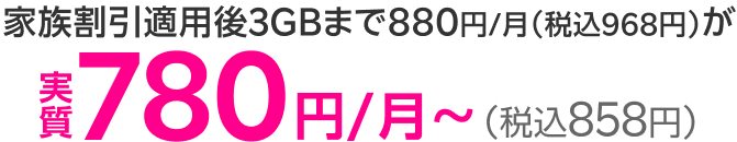 家族割引適用後3GBまで880円/月（税込968円）が実質780円/月~（税込858円）