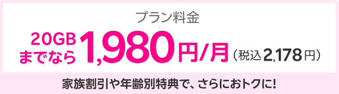 プラン料金20GBまでなら1,980円/月（税込2,178円）家族割引や年齢別特典で、さらにおトクに！