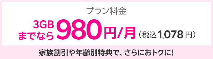 プラン料金3GBまでなら980円/月（税込1,078円）家族割引や年齢別特典で、さらにおトクに！