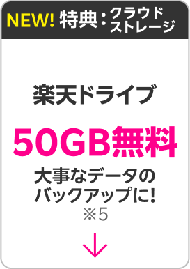 クラウドストレージ：大事なデータのバックアップに！楽天ドライブ50GB無料※5