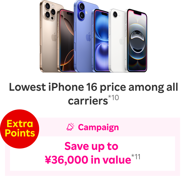 Lowest iPhone 16 price among all carriers.*10 Campaign: Extra Points. Save up to 36,000 yen in value*11