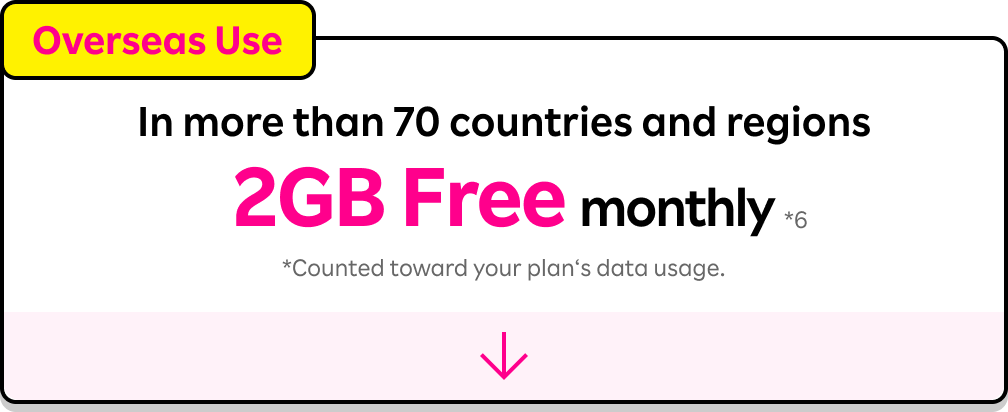 Overseas Use: 2GB Free monthly in more than 70 countries and regions *Counted toward your plan‘s data usage.