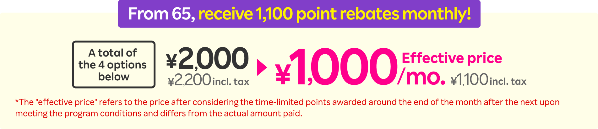 From 65, receive 1,100 point rebates monthly!A total of the 4 options below ¥2,000 (¥2,200incl.tax) → Effective price ¥1,000/mo.(¥1,100incl.tax) *The 'effective price' refers to the price after considering the time-limited points awarded around the end of the month after the next upon meeting the program conditions and differs from the actual amount paid. 