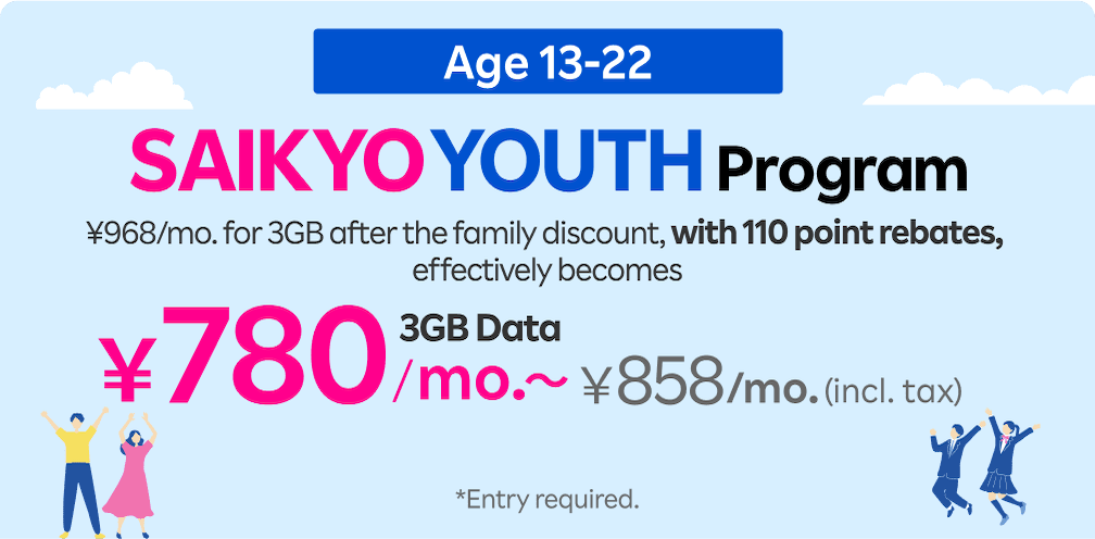 SAIKYO YOUTH Program from age 13-22! 968 yen/mo. for 3GB after the family discount, with 110 point rebates, effectively becomes 780 yen/mo.～ (858 yen/mo. incl. tax) for 3GB.