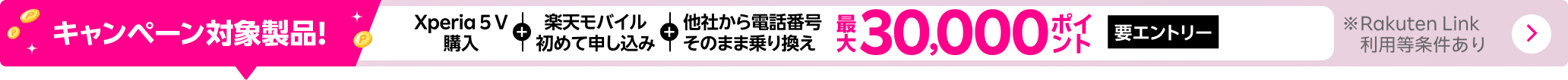 要エントリー！Xperia 5 V購入＋楽天モバイル初めてお申し込み＋他社から電話番号そのまま乗り換えで最大30,000ポイント！