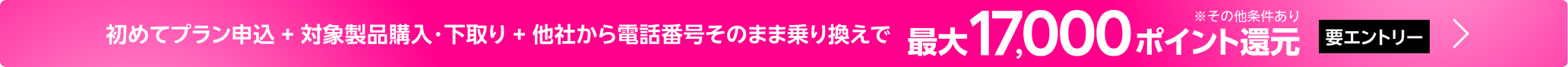 【要エントリー】初めてプラン申込 + 対象製品購入・下取り + 他社から電話番号そのまま乗り換え 最大17,000ポイント還元