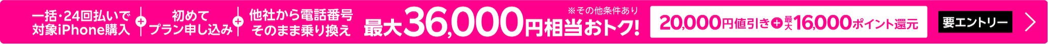 【要エントリー】一括または24回払いで対象iPhoneを購入+初めてプラン申し込み+他社から電話番号そのまま乗り換え 最大36,000円相当おトク！