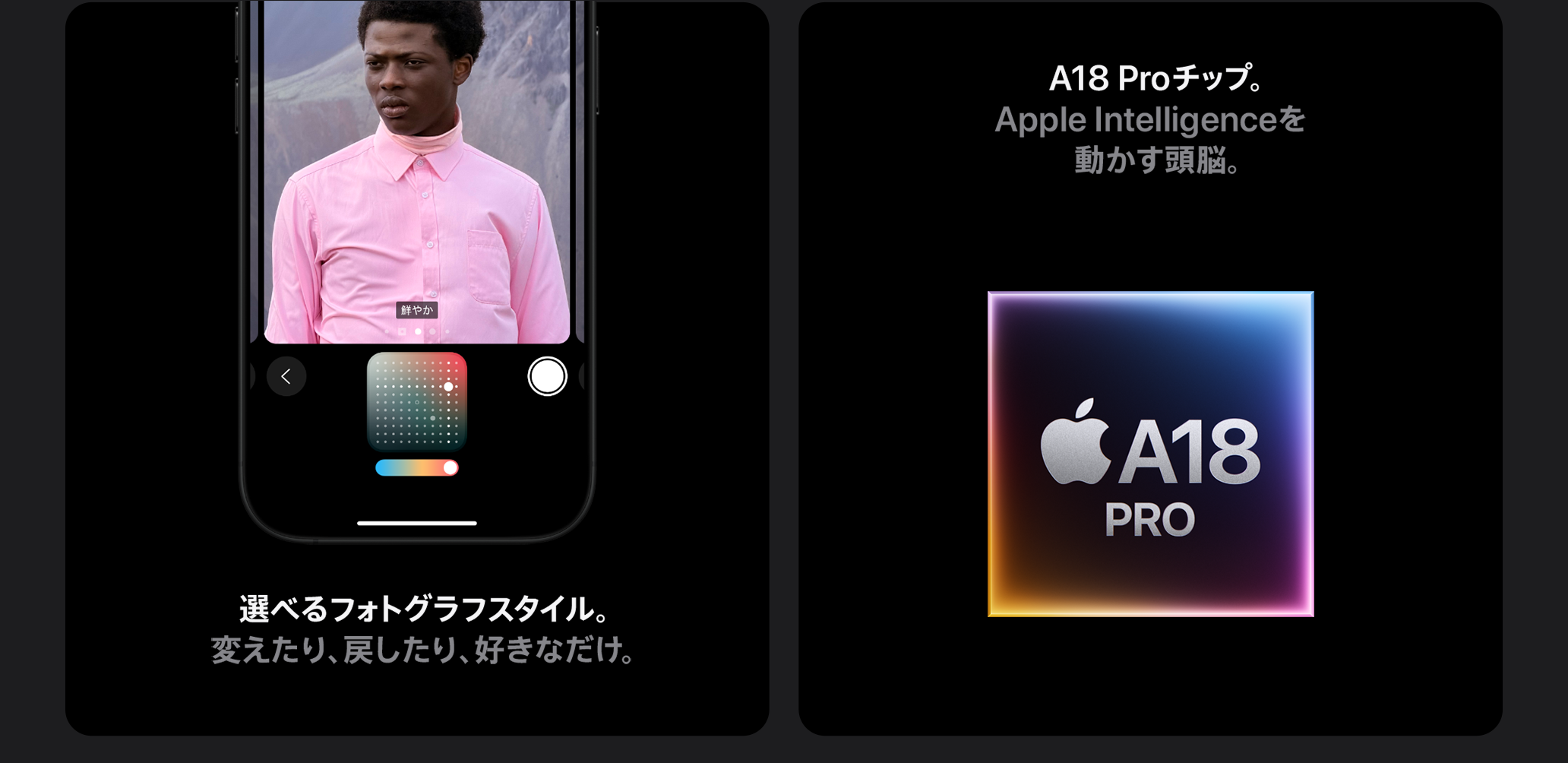選べるフォトグラフスタイル。変えたり、戻したり、好きなだけ。 / A18 Proチップ。Apple Intelligenceを動かす頭脳。