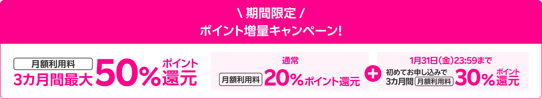 期間限定！ポイント増量キャンペーン！月額利用料3カ月間最大50%ポイント還元 通常月額利用料20%ポイント還元 + 1月31日(金)23:59まで初めてお申し込みで3カ月間月額利用料30%ポイント還元