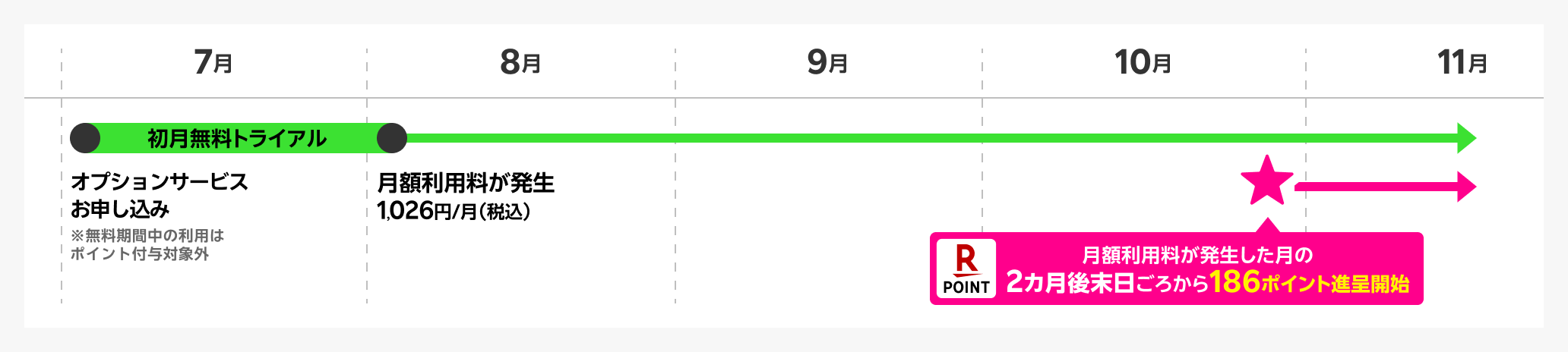 Hulu 7月 初月無料トライアル オプションサービス ※無料期間中の利用はポイント付与対象外 8月月額利用料が発生1,026円/月（税込） 10月 月額利用料が発生した月の2カ月後末日ごろから186ポイント進呈開始