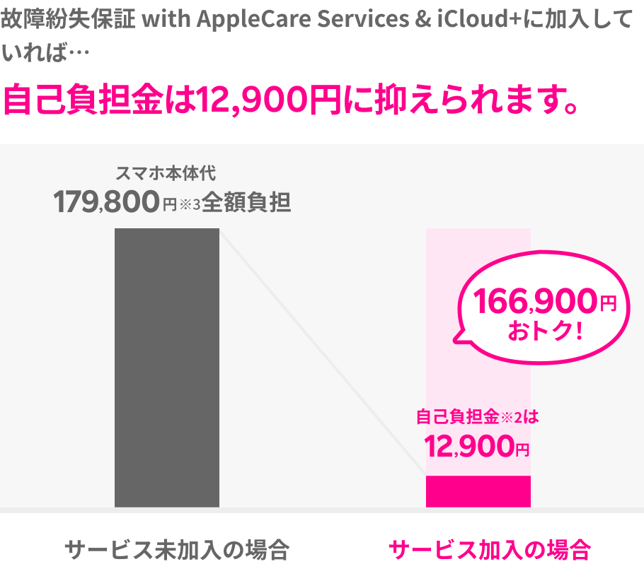 故障紛失保証 with AppleCare Services & iCloud+に加入していれば自己負担金は12,900円に抑えられます。