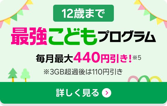 12歳まで最強こどもプログラム 毎月最大440円引き! ※5 ※3GB超過後は110円引き 詳しく見る